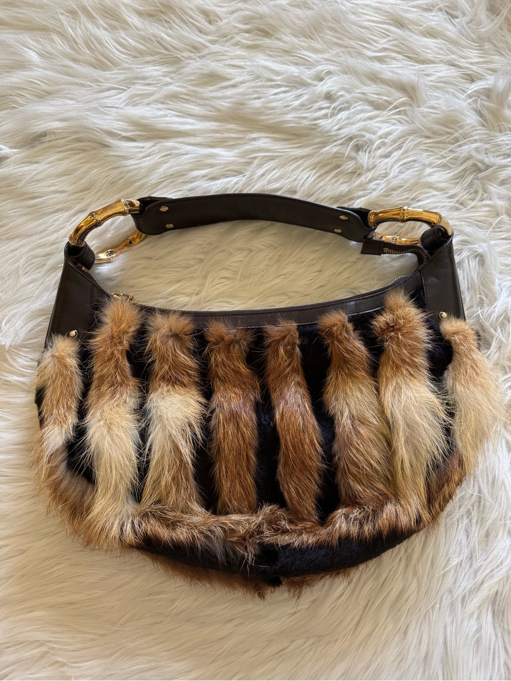 Gucci Bamboo Ring Fur Bag Brown
